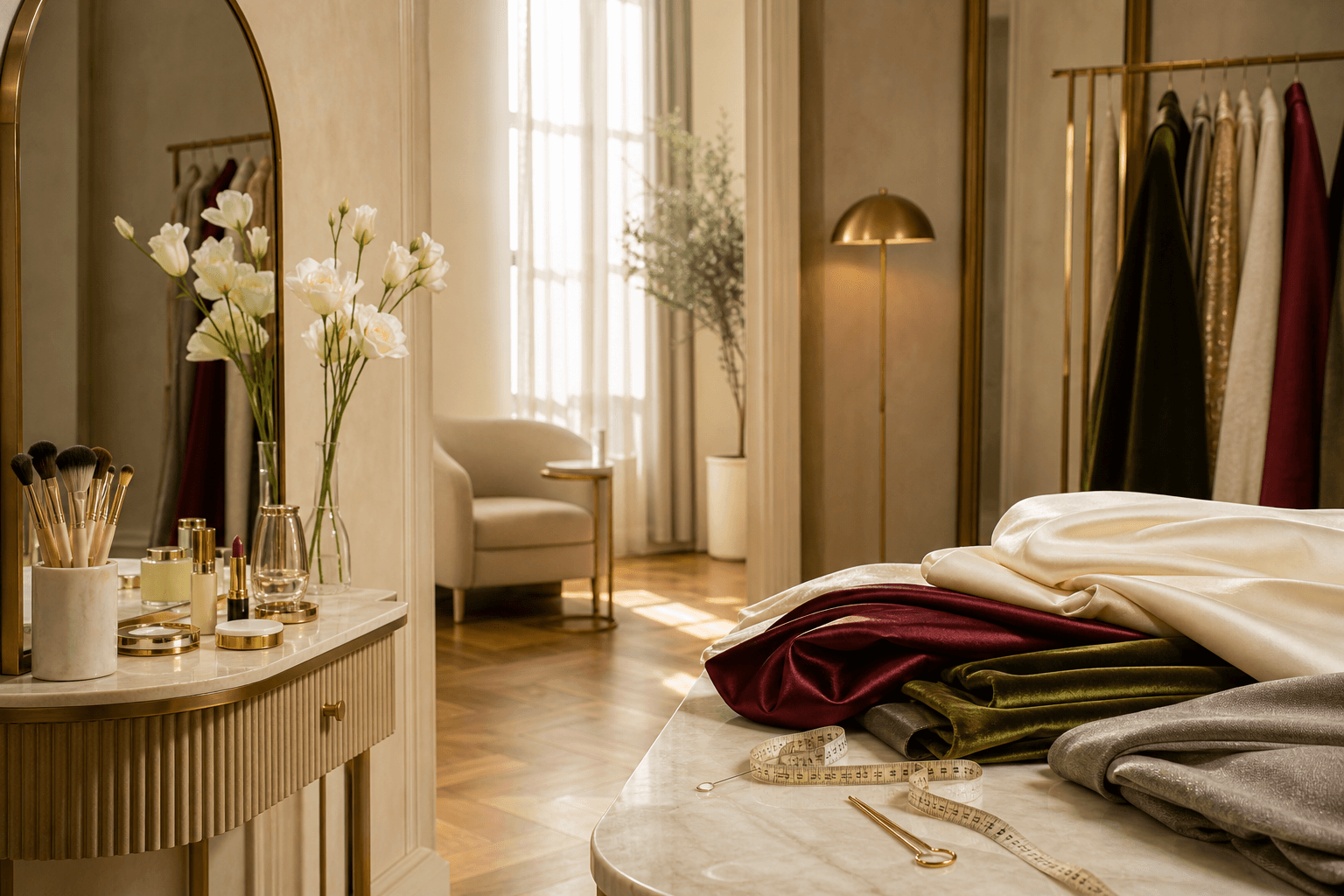 Ivory silk, oxblood satin, moss velvet and pewter wool folded on a marble table in a couture atelier, beside a brass vanity with makeup and brushes
