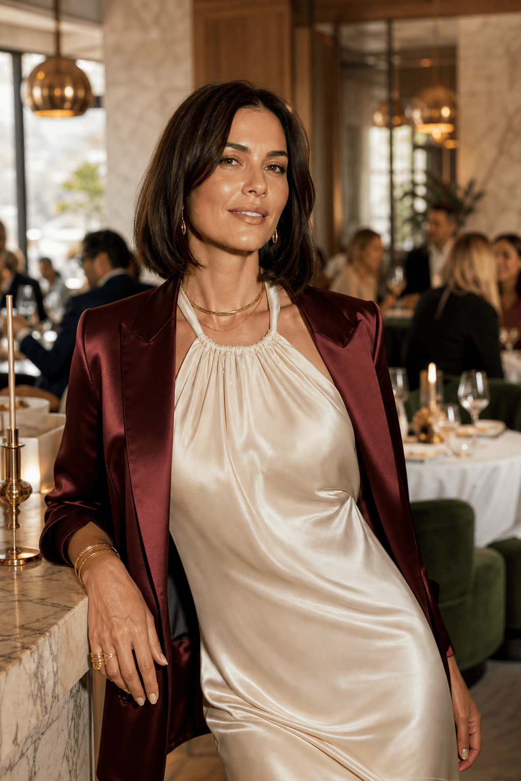 A woman in her forties in an oxblood satin blazer over an ivory silk dress, at a bright chic restaurant
